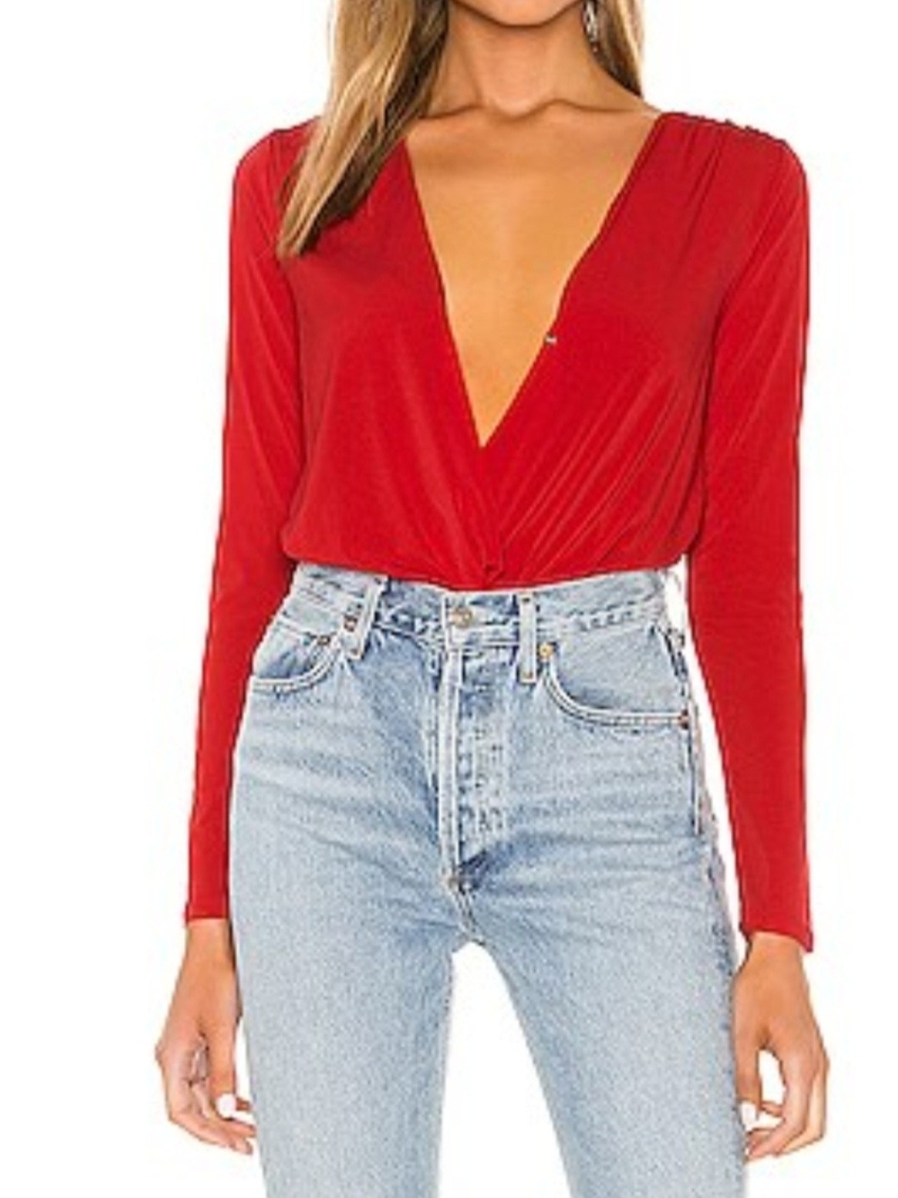 BCBGeneration Red Plunging V-Neck Long Sleeve Top